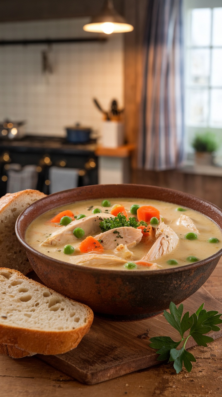 A comforting bowl of creamy chicken pot pie soup with chicken, carrots, peas, and potatoes, served with crusty bread.